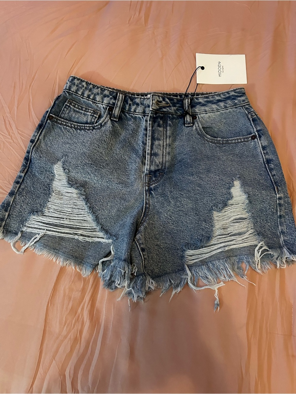 High-Rise Distressed Denim Shorts in Washed Blue - Hidden. Sophie.